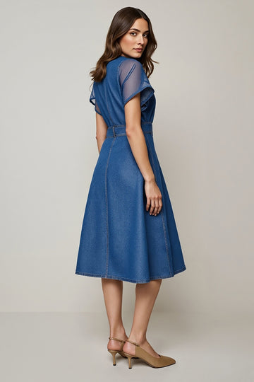 A Line Grey Blue Work Dress with Short Sleeves